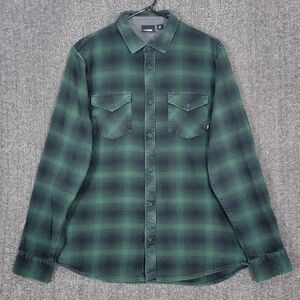 Vans Shirt Mens Medium Green Black Plaid Flannel Button Up Off The Wall Casual